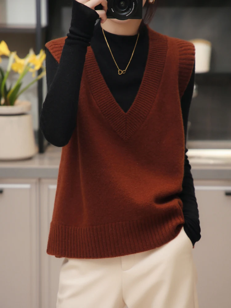 Chaleco de lana pura Thi, prendas de vestir exteriores, suéter suelto tejido con escote en V para mujer, camiseta sin mangas con capas para primavera y otoño, longitud Regular para ir al trabajo