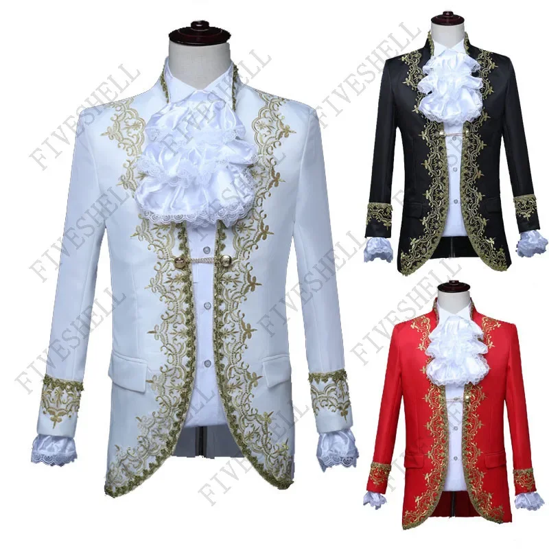 

Medieval Wedding Costume Prince Bridegroom Mens Blazer Dress Suits Jabot Lace Tie Jacket Coat+Pants Trouser For Adult No Shirt