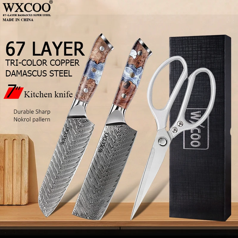 

WXCOO Damascus Pattern Kitchen Knife 67 Layers VG10 Japanese Santoku Slicing Knife Powerful Chicken Bone Scissor BBQ Knife Set