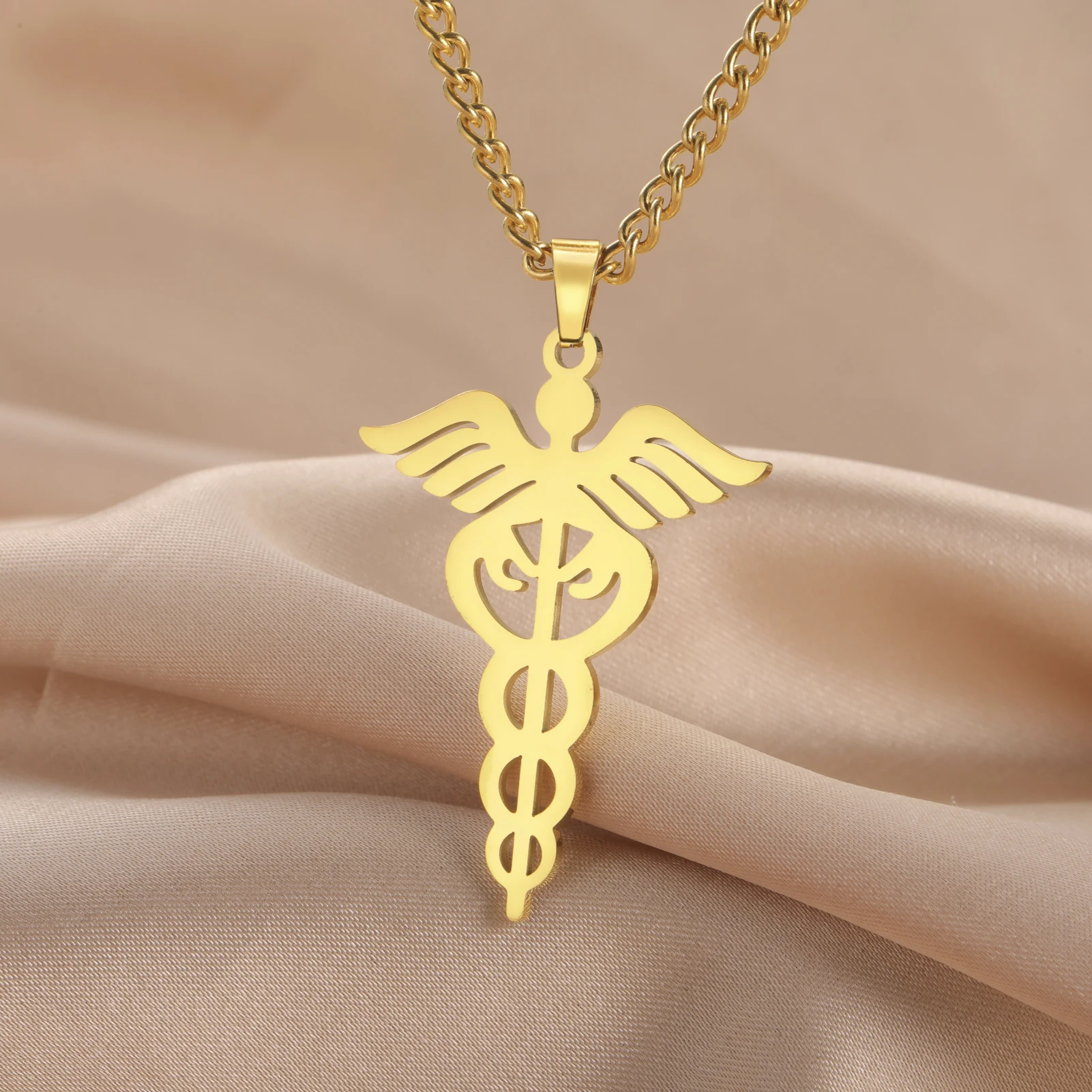 Caduceus Medical Symbol Pendant Stainless Steel Necklace for Men And Women Angel Wings Nurse's Day Graduation Gift Jewelry Gift