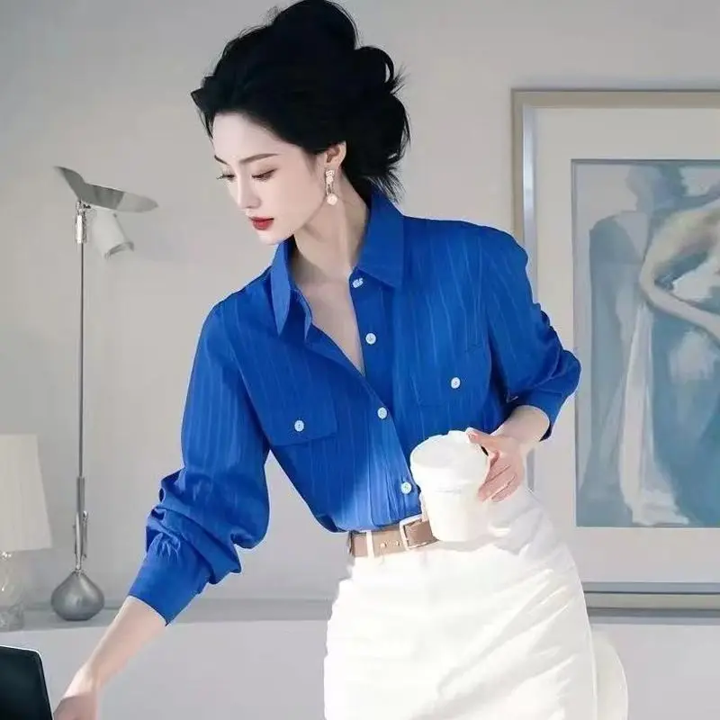 Klein Blue Polo Collar Long Sleeve Shirt Women Artistic Design Niche Chic Exquisite Beautiful Blouse