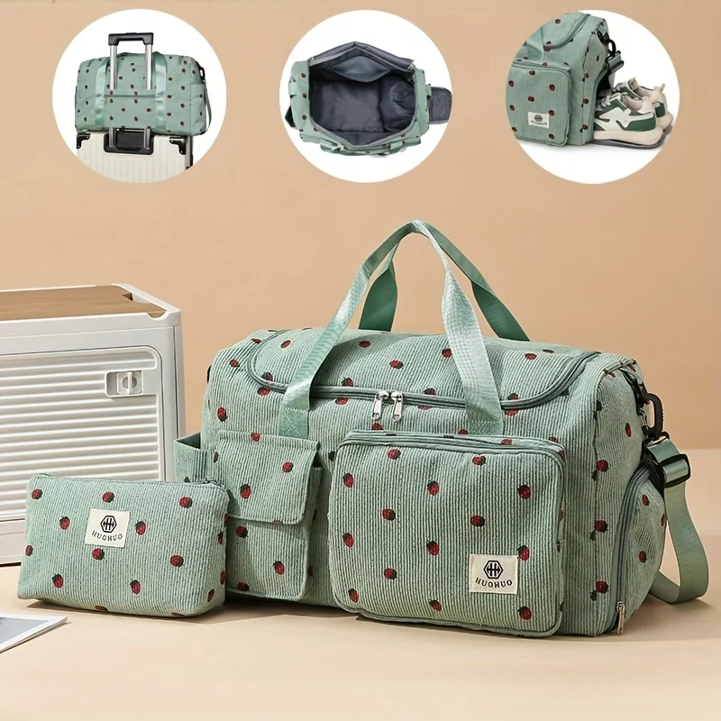Strawberry travel bag, large capacity corduroy luggage bag, lightweight crossbody bag, multifunctional sports and fitness bag