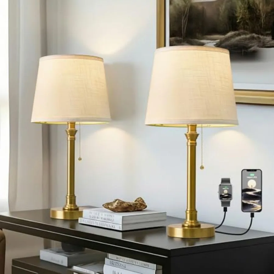 

Набор из 2-х настольных ламп 19,5 дюймов, маленькие прикроватные лампы с USB-портами A+C для зарядки, выключателем на шнурке, латунные, современные, для прикроватных тумбочек