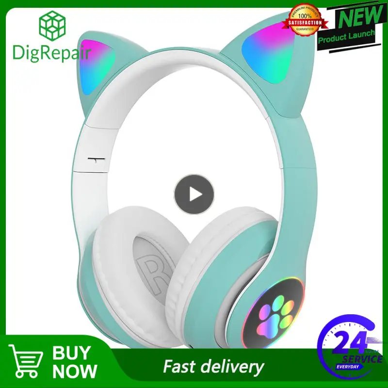 Flash Light Cat Ears Headphones Wireless With MIC Control LED Kid Girl Stereo Cute Music Helmet Phone Headset Earphone