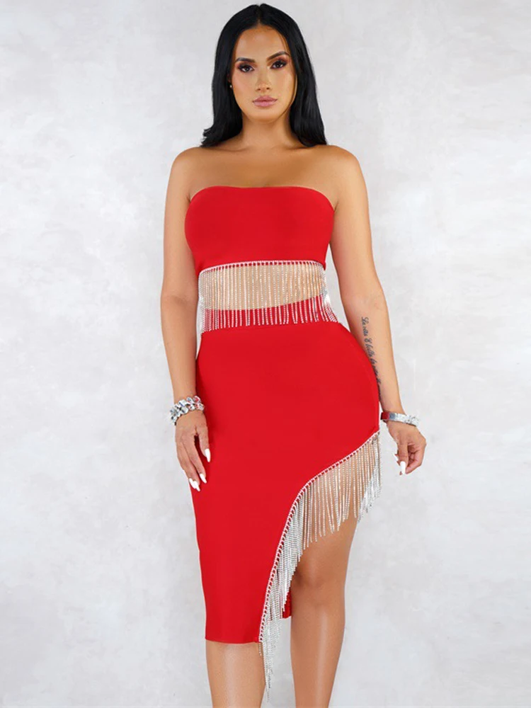 Women's Party Night Birthday Tassel Zipper Two Piece Set Sleeveless Tight Summer Elegant Bra Short Mini Pencil Sexy Dress Set