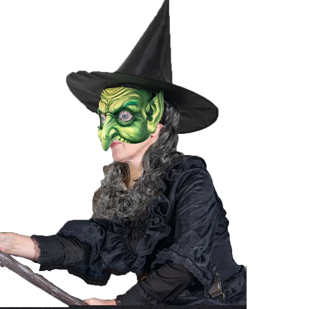 مجموعة قناع قبعة ساحرة على شكل شبكة عنكبوت للشعر، قناع ساحرة رعب للهالوين باللون الأخضر والأسود، قناع شيطان من القماش البوليستر، ديكور الدراما #2