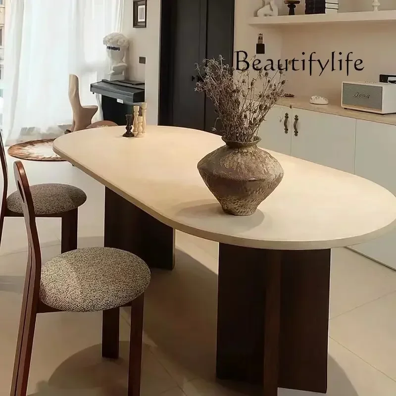 

Nordic Solid Wood White Stone Plate Dining Tables and Chairs Set Designer Cream Style Oval Conference Table