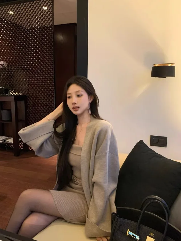 

Korean Fashion Autumn New Women Two Piece Sets Mature Knitted Long Sleeve Cardigans + Chest Wrapping Slim Mini Dresses Outfits
