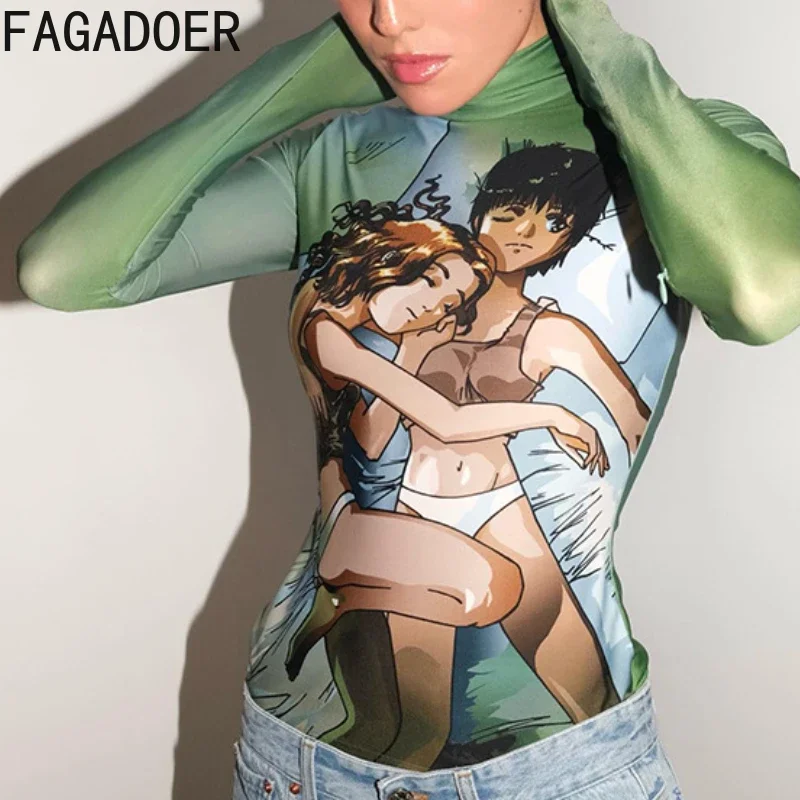 FAGADOER Y2K Green Fashion Graphic T Shirts Women Turtleneck Long Cuff Gloves Slim Fit Crop Tops Autumn Female Trend Streetwear