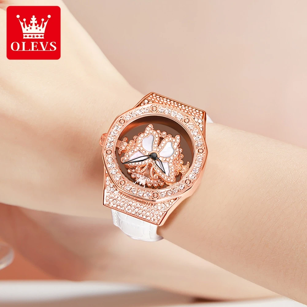 OLEVS Women‘s Watches Light Luxury Fashion Rotating Dial Original Quartz Wristwatch for Girl Full Sky Star Diamond Waterproof