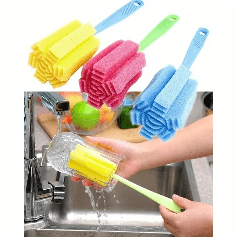Versatile 3pcs Kitchen Cleaning Kit - Sponges & Brushes for Wineglasses, Bottles, Coffee Mugs