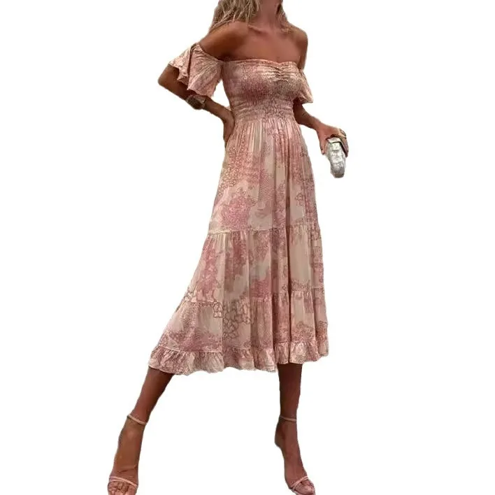 الأوروبية والأمريكية الربيع والصيف جديد مطبوعة خارج على الكتف صديرية دائرية مثير الراحة لوتس ليف كم اللباس