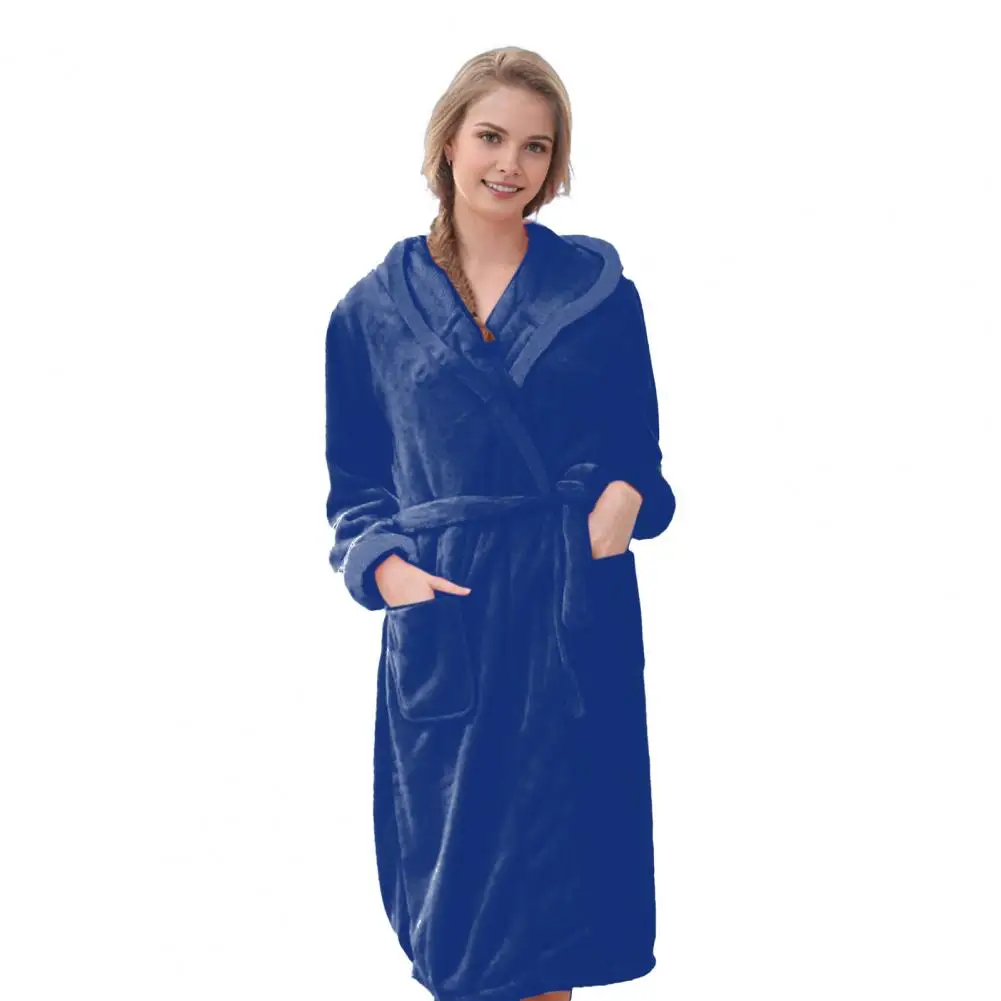 Couple Winter Nightgown Thick Fleece Warm Lace Up Adjustable Waistband Hooded Mid Length Lady Homewear Spa Hotel Bathrobe