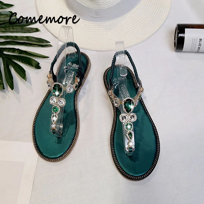 Comemore Summer Shoe Women Comfortable Flat Thong Sandals Casual Ladies Shoes Green Slip on Sandal with Rhinestones Flip-flops