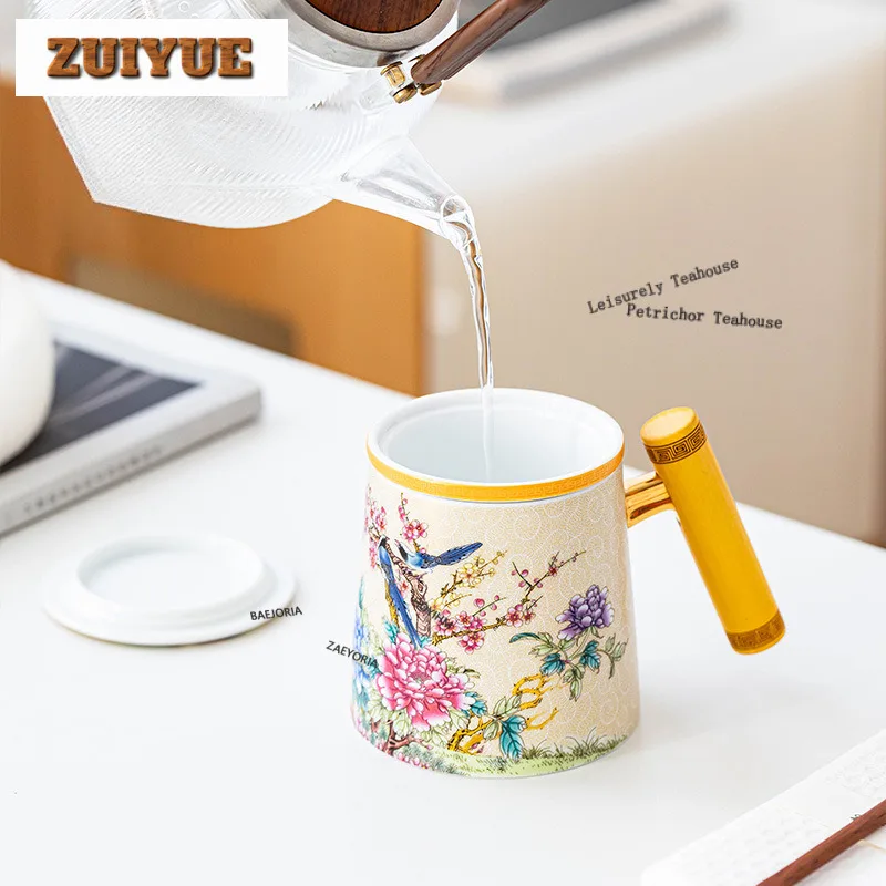 400ml Underglaze Colour Magpie Flowers Filter Tea Separator Cup Aesthetic Tea Mug With Infuser Tea Maker Office Water Cup Gift