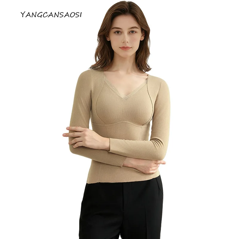 

Women's Warm Clothing Autumn/Winter New Cashmere Natural Mulberry Silk Long Sleeved Double-sided Brushed Long Sleeved Top