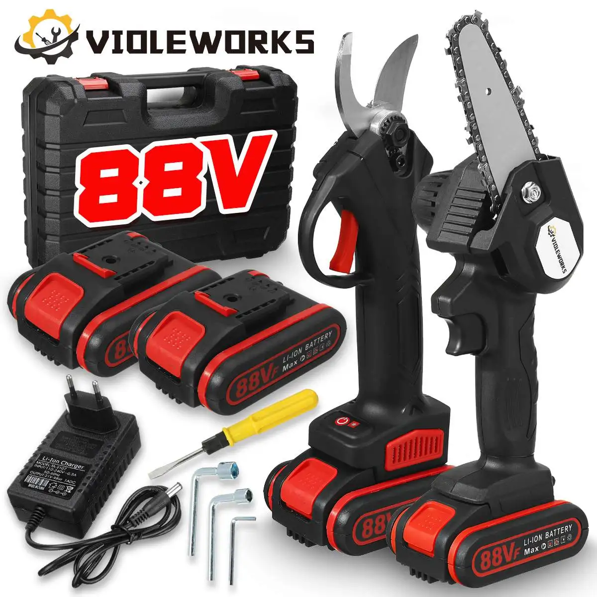 2 In 1 88VF 4นิ้ว Mini เลื่อยโซ่ไฟฟ้า30มม.ไร้สาย Pruner ไฟฟ้าเฉือนตัดไม้ Power เครื่องมือ2Pcs