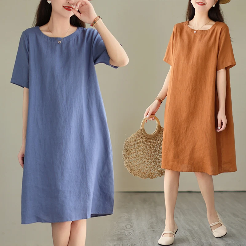 

2024 New Summer Women Solid Color Cotton Linen Dress Female Short Sleeve Loose Dresses Ladies Long Casual A-line Vestidos X101