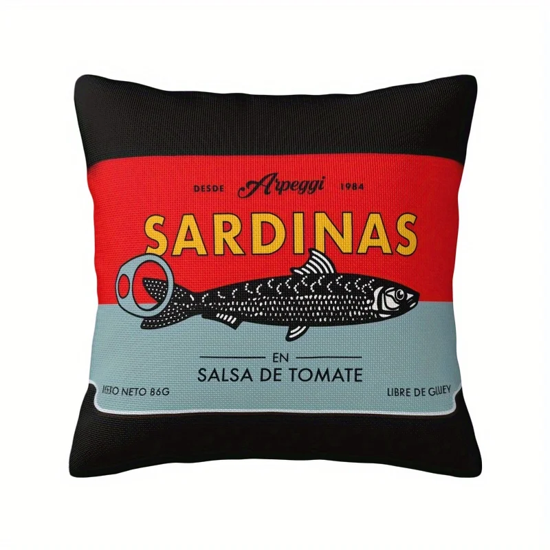 Sardine Can Pillow Cover Retro Spanish Label Design Red Black Blue Yellow White Cushion Case 16x16 Inch Square Living Room Decor