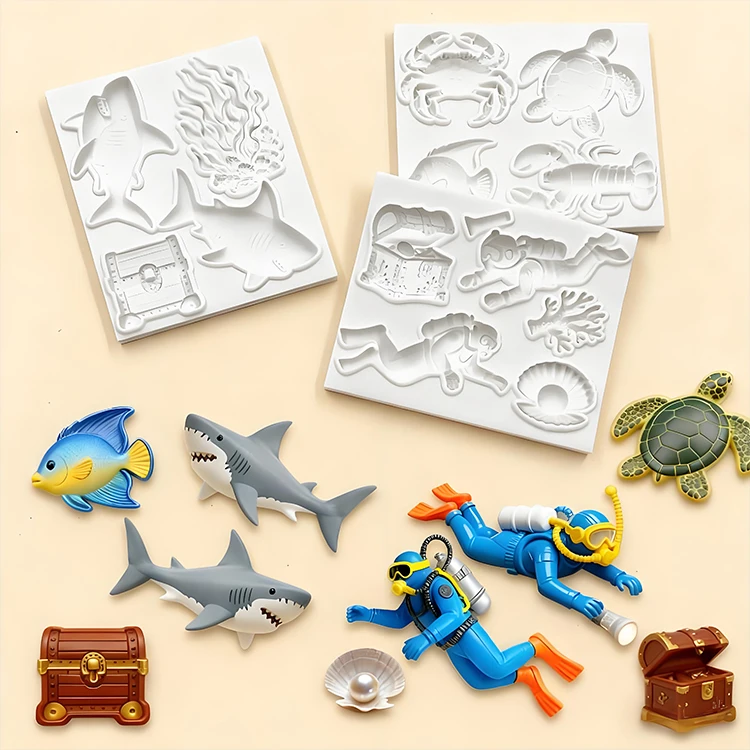 Ocean Adventure Silicone Molds Sharks Fish Turtles Treasure Chests Fondant Candy Chocolate Mould Cake Decoration Accessories