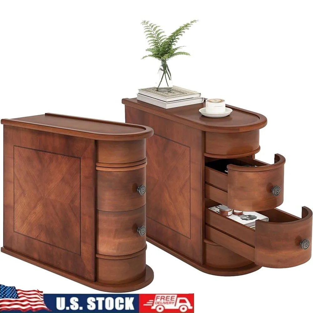 No Assembly Required Side Table Set of 2 with Drawers Vintage Slim End Table Storage Living Room Sofa Bedroom Office