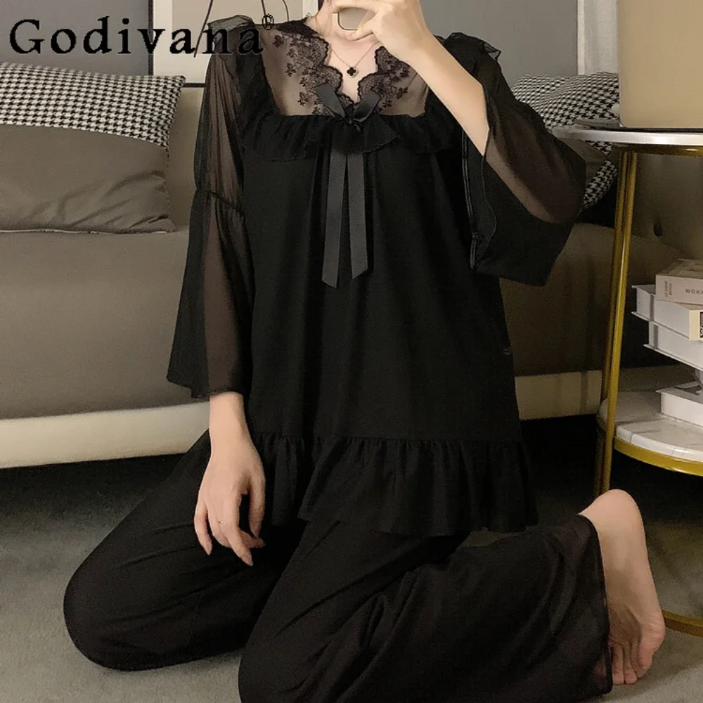 Womens Pajamas French Court Style with Chest Pad Sleepwear Black Girl Sleepwear Pyjamas Set Femme Homewear