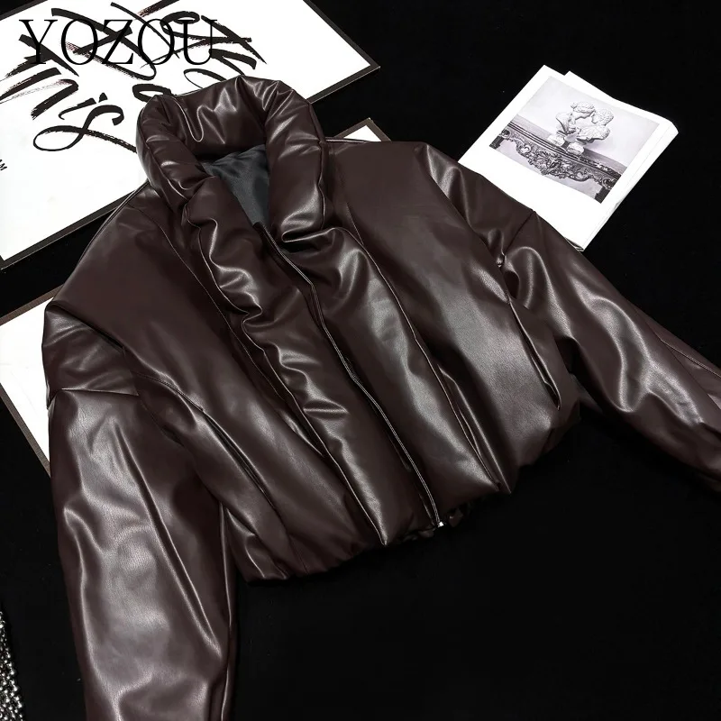 [YOZOU] Winter Loose Brown PU Faux Leather Padded Luxury Padding Zipper Coat Short Bomber Jacket Women Outerwear Stylish Korean