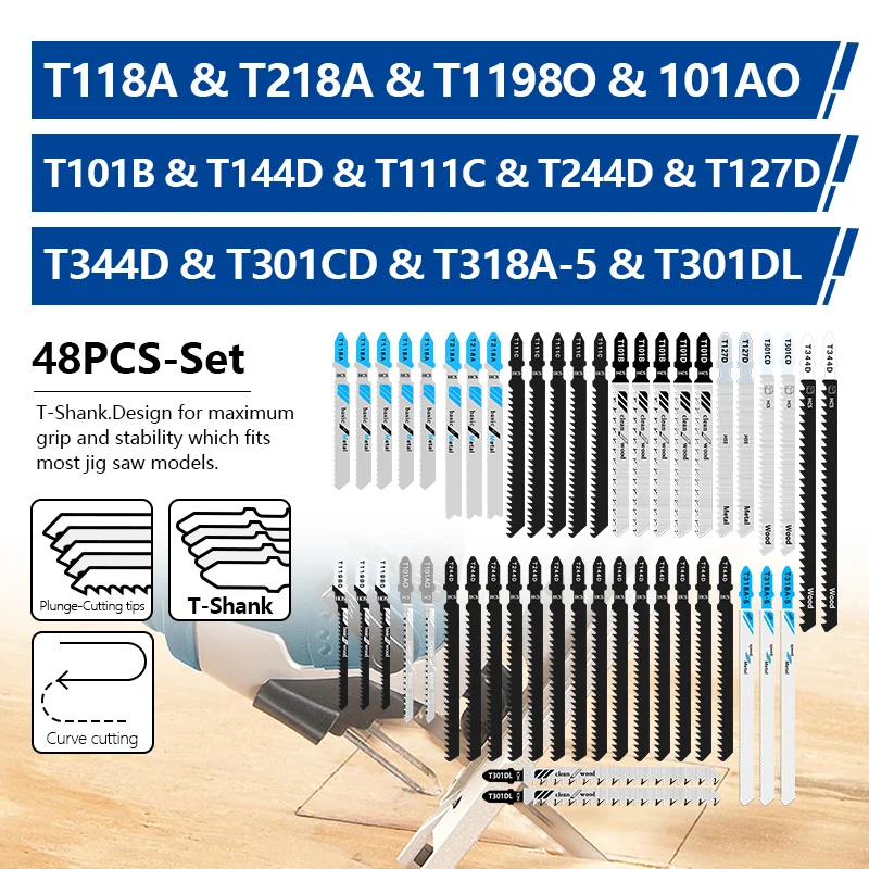 XCAN, 48 шт., набор полотен для лобзика, высокоуглеродистая сталь, Т-образный хвостовик, быстрорежущие полотна для лобзика для резки дерева, пластика и металла