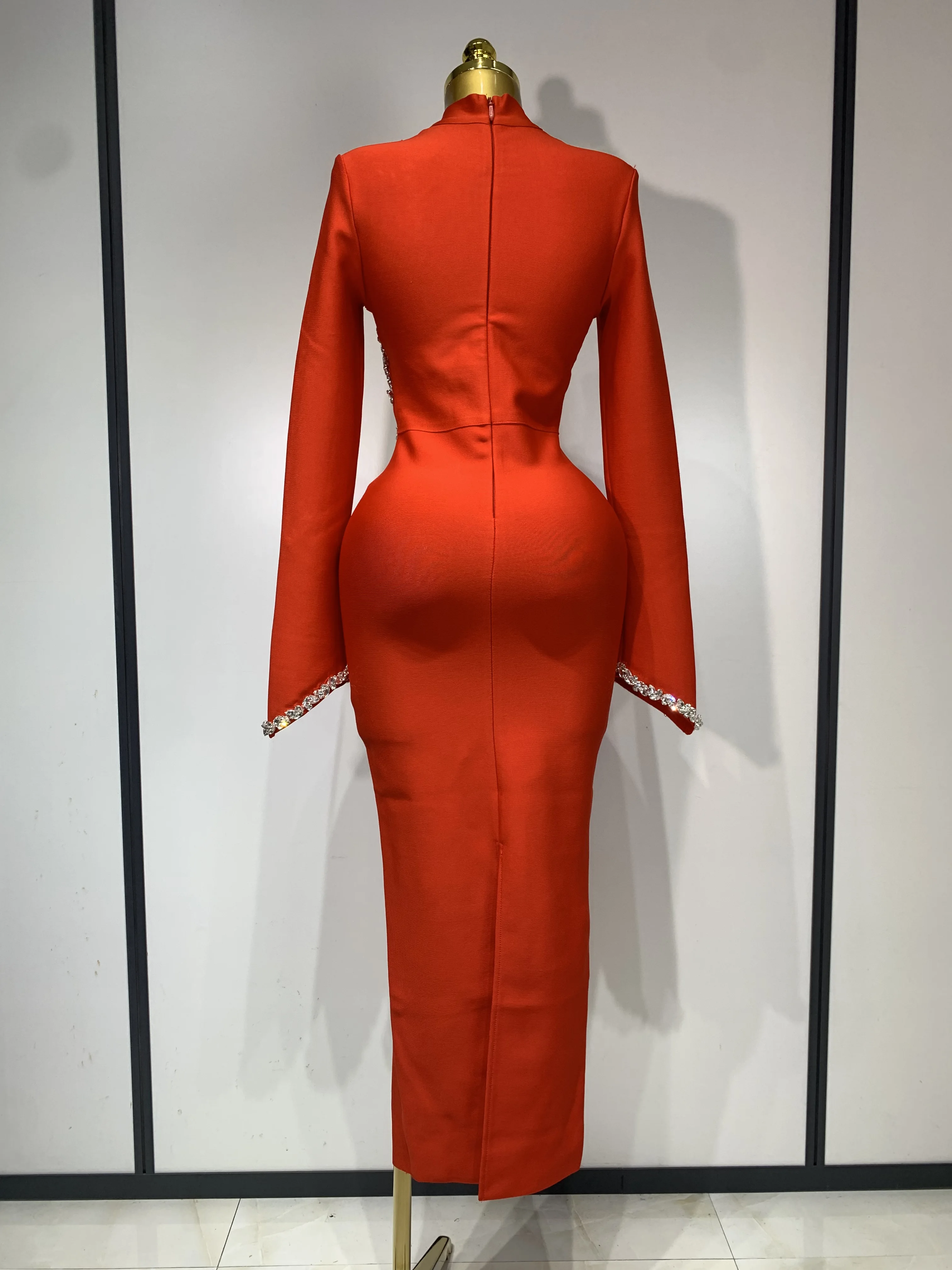 المرأة مثير كم طويل الماس ماكسي طويل Bodycon ضمادة فستان 2025 المشاهير أنيقة مساء حفلة فساتين عيد ميلاد فاخرة #4