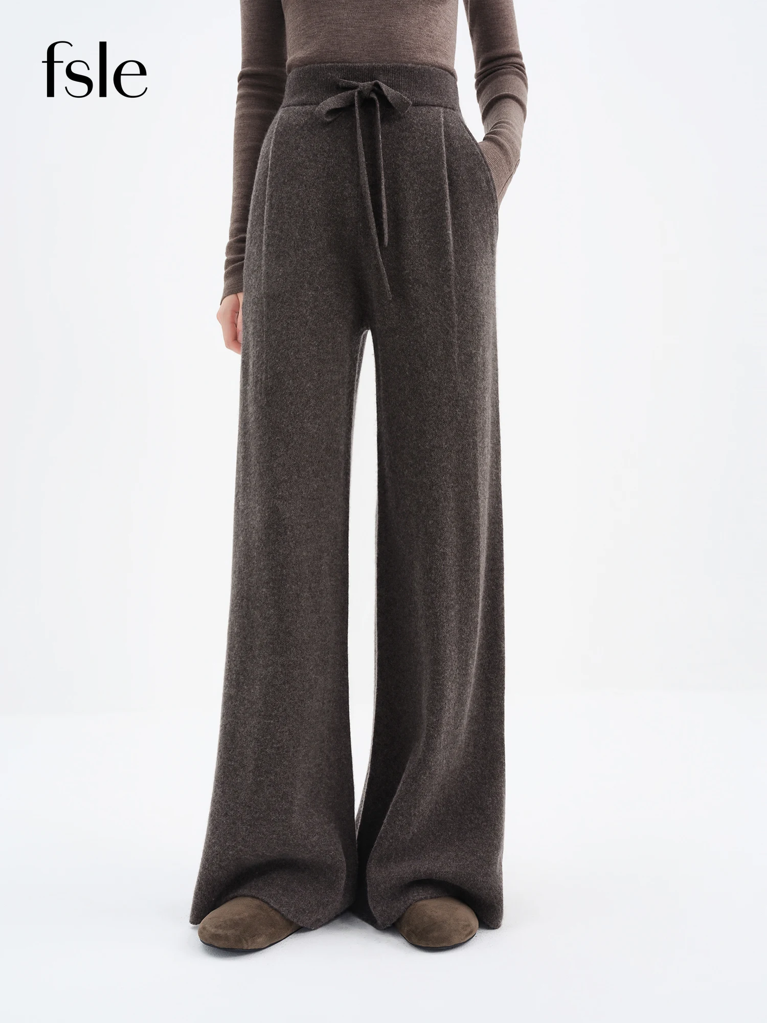 ​FSLE 2025 Winter Women's High Waist Knit Pants with Drawstring Wide Leg - Comfort Fit Stretch Casual Trousers for Daily Wear