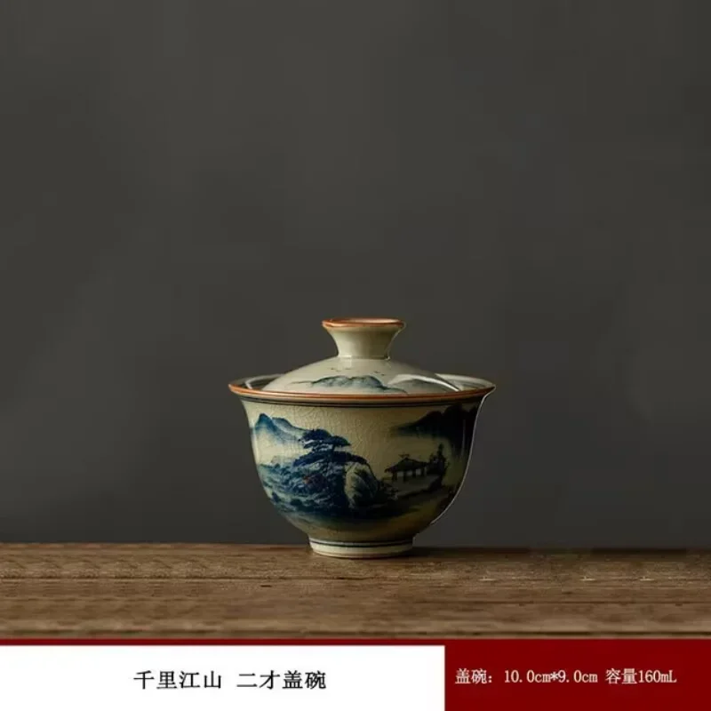 Old Tao clay second talent lid bowl pot holder hand-painted wood-fired high-end porcelain single blue and white porcelain tea bo