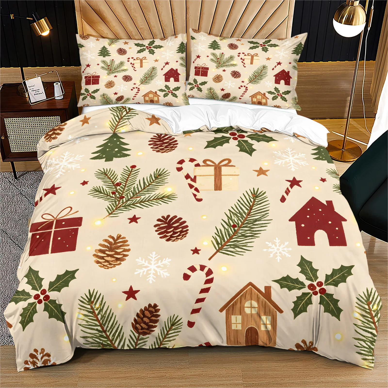 Christmas Duvet Cover Set Pine Branch Pinecone Gift Box House Candy Cane Holly Snowflake Print Bedding Microfiber Quilt Cover
