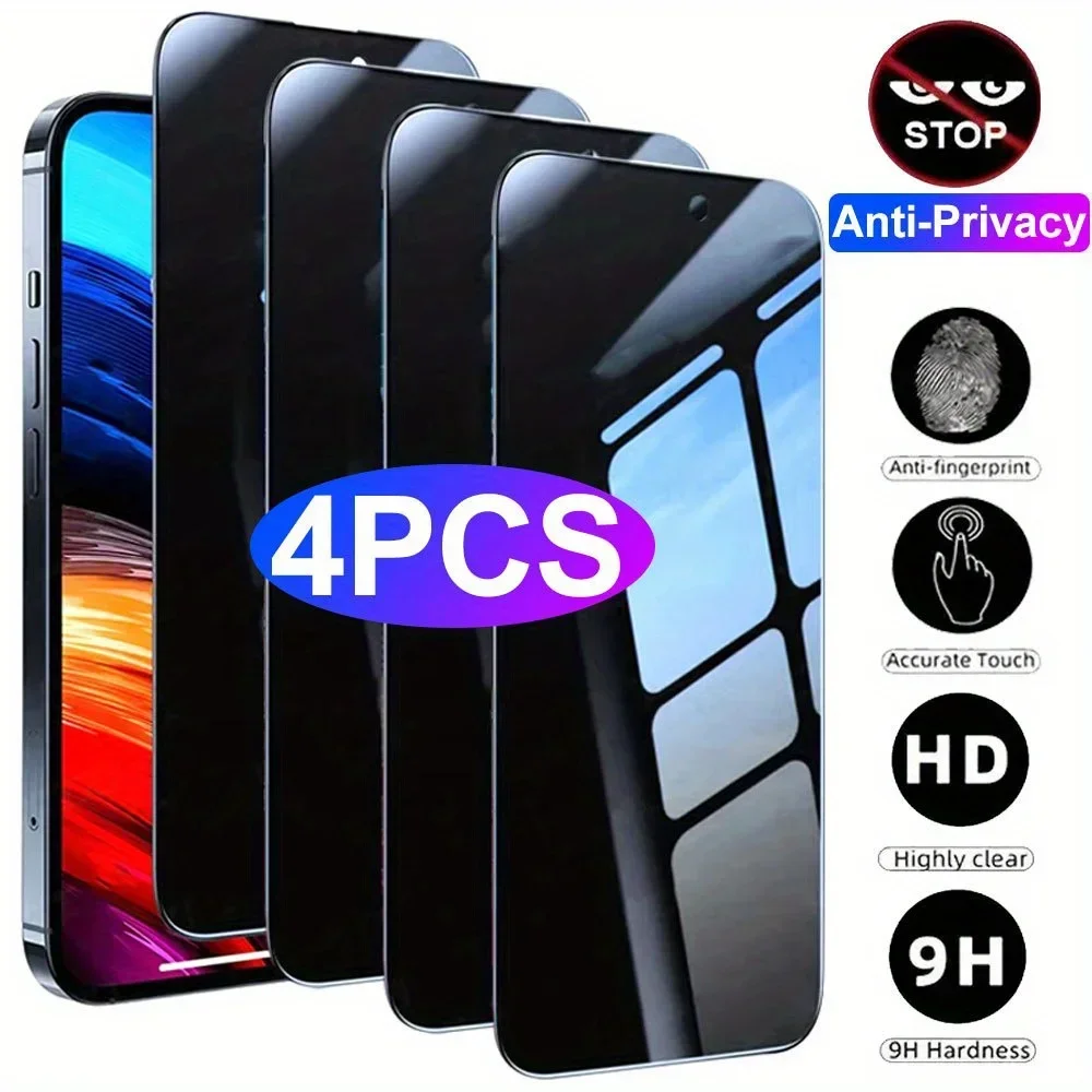 4pcs Full Cover Anti-Spy Screen Protector For iPhone 11 12 13 14 15 16 Pro Max Privacy Protection Glass For iPhone 14 15 16 Plus