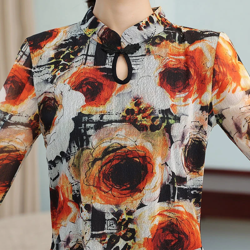 Spring Autumn Women\'s Pullover Round Neck Plant&Flowers Geometric Printing Flare Long Sleeve Chinese Style T-Shirts Casual Tops