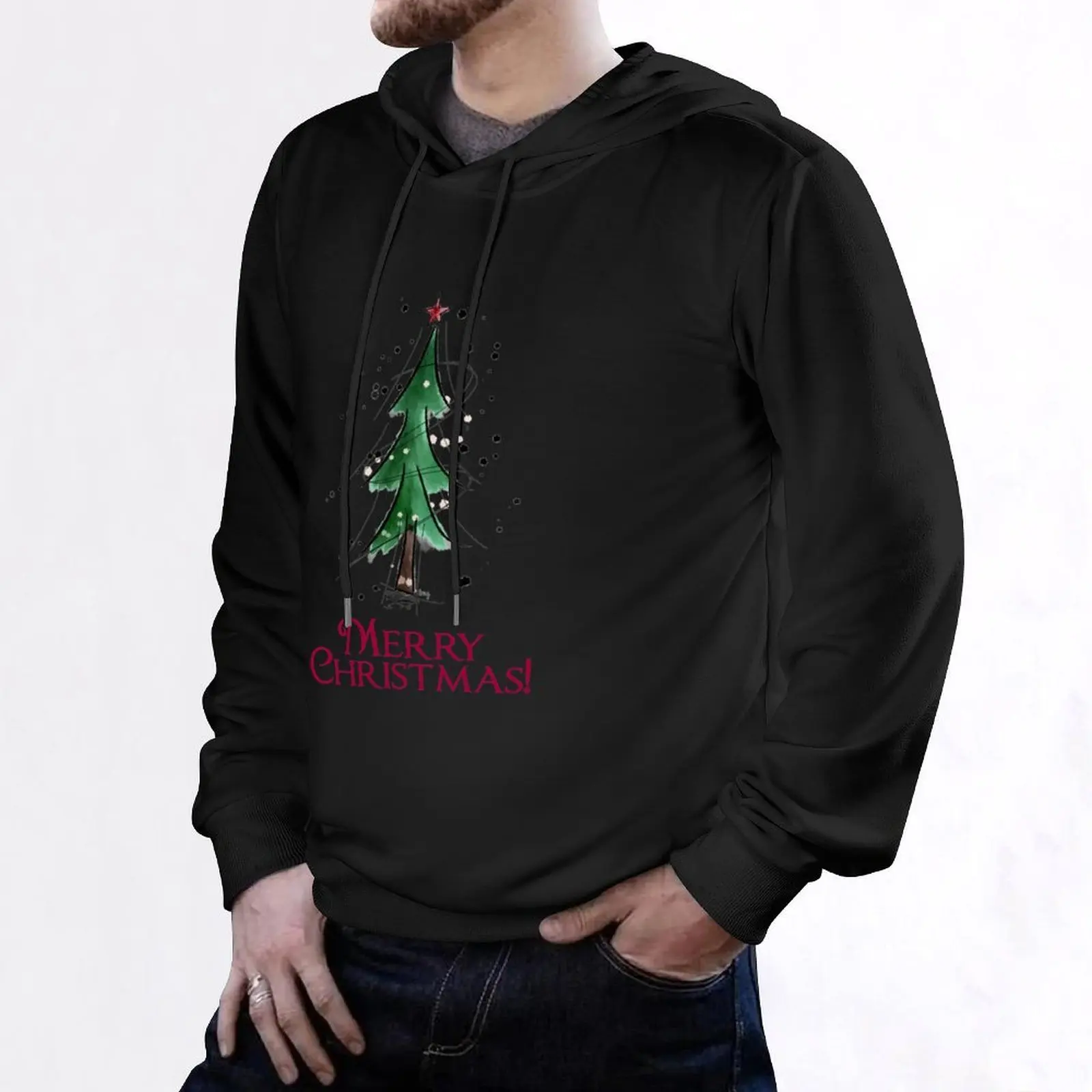 Arbre de No?l aquarelle arbre de عطارات ريترو رسم هوديي أزياء الرجال الرجال الملابس الكورية الملابس هوديي الشارع الشهير