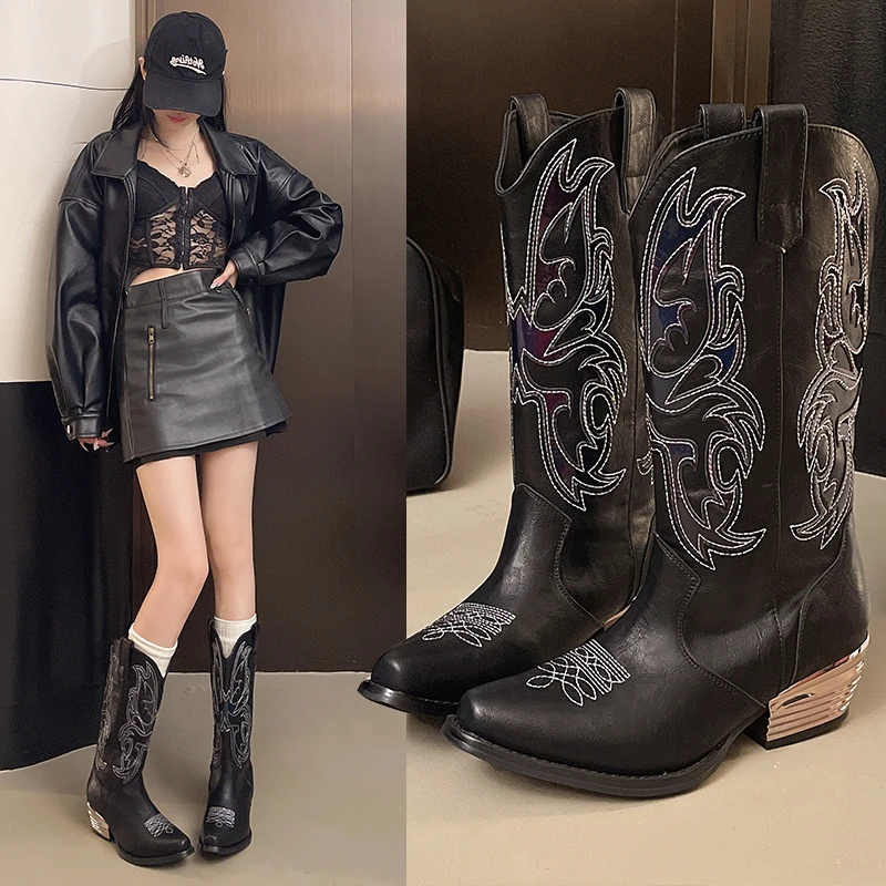 

Новые женские модные нескользящие износостойкие ботинки с острым носком и рукавами на среднем каблуке с вышивкой Женские ботинки