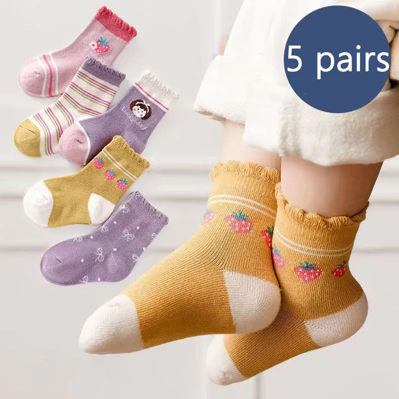 5 Pairs/lot Breathable Cotton Kids Socks Children Ankle Short Sock Cartoon Print for Baby Girls Boys Toddler Autumn Winter