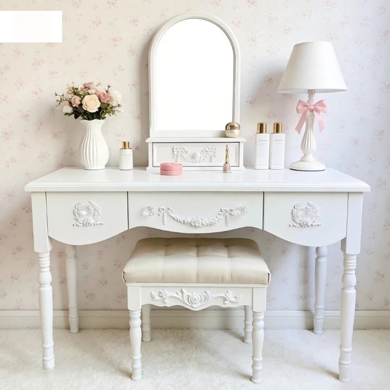 Girly French Style Solid Wood Makeup Table, European Princess Vanity, Integrated Desk & Makeup Cabinet for Small Bedroom