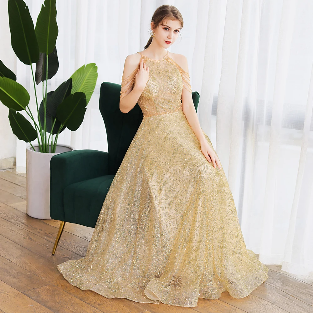 Clearance Sale Luxury Gold Evening Dress Sexy Halter Tassel Crystal Beading A-line Long Prom Formal Party Gowns Vestido De Noche