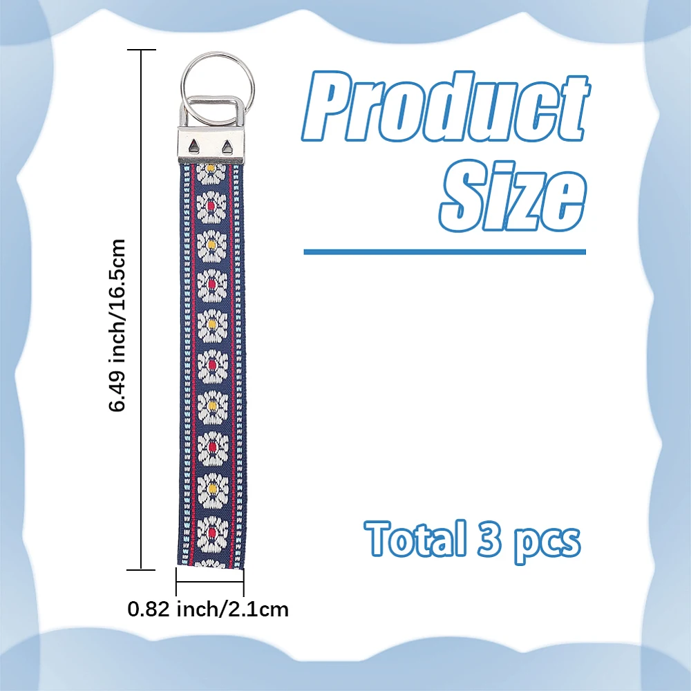 3Pcs Embroidered Key Chains Black and Wrist Lanyard Replacement Strap Keychain Wristlet Fabric Key Floral Handmade Fob Holder