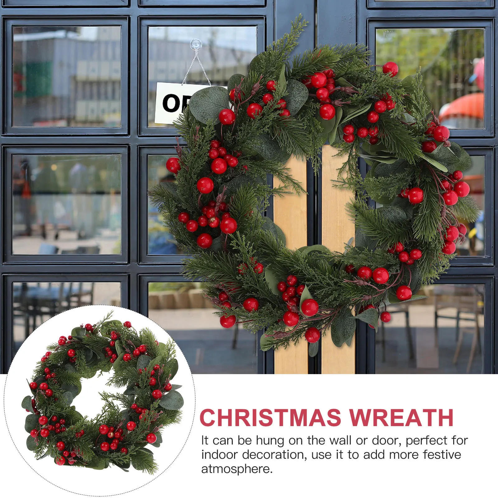 พวงหรีดใบยูคาลิปตัสสีแดง 1 ชิ้น ของตกแต่งคริสต์มาสแบบแขวนสำหรับประตู ผนัง งานปาร์ตี้เทศกาลคริสต์มาส