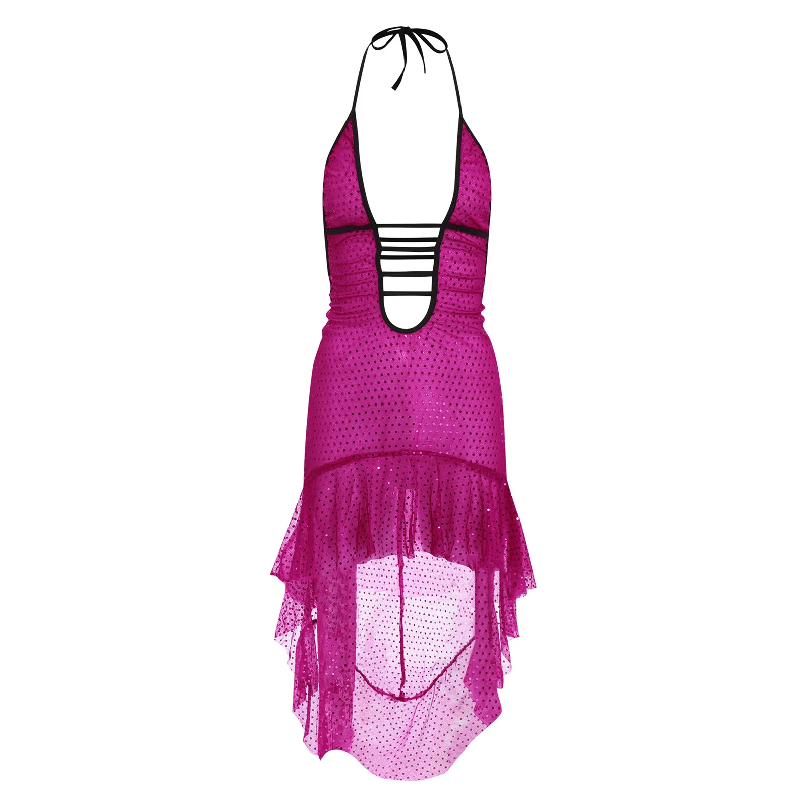 

Women Shiny Sequin Bodycon Dress with Thong Halter Backless Plunge V Neck Ruffled High-low Hem Dress Sheer Club Dress Nightdress