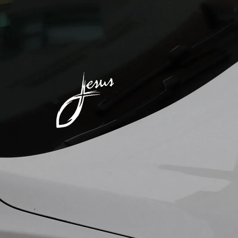 Classic JESUS CURSIVE CROSS CHRISTIAN FISH VINYL DECAL CAR STICKER  13.4CM*11.3CM