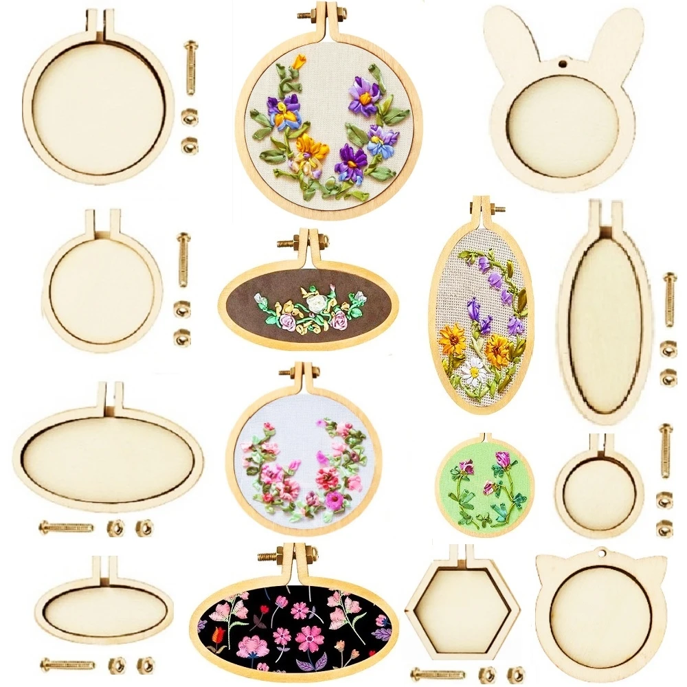 10PCS Mini Embroidery Hoop Wooden Ring Mixed Round Pendant Cross Stitch Frame Kit For Jewelry Keyring Crafts Sewing Accessories