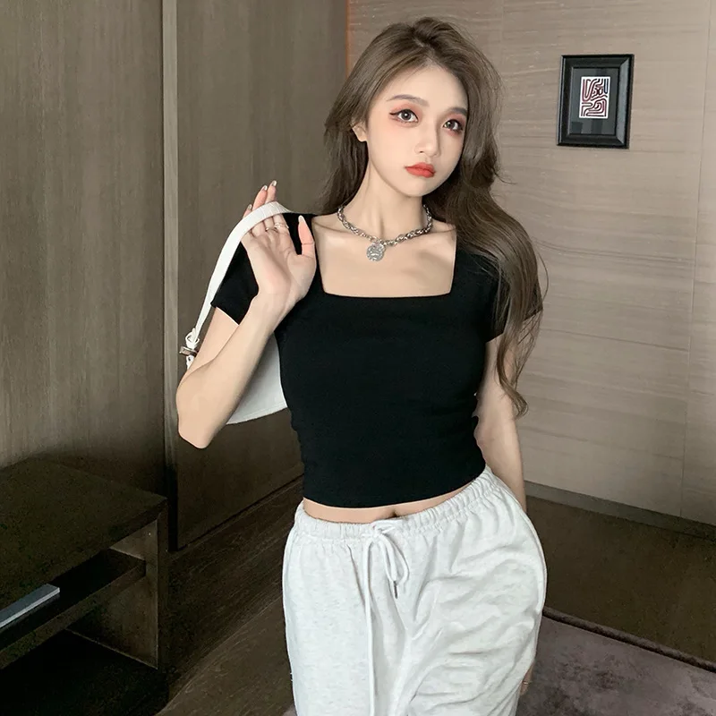 T-shirt for Women in 2024 Tight Fitting Square Neckline Sleeved T-shirt High Waisted, Short Style  Exposed Waist  кофта