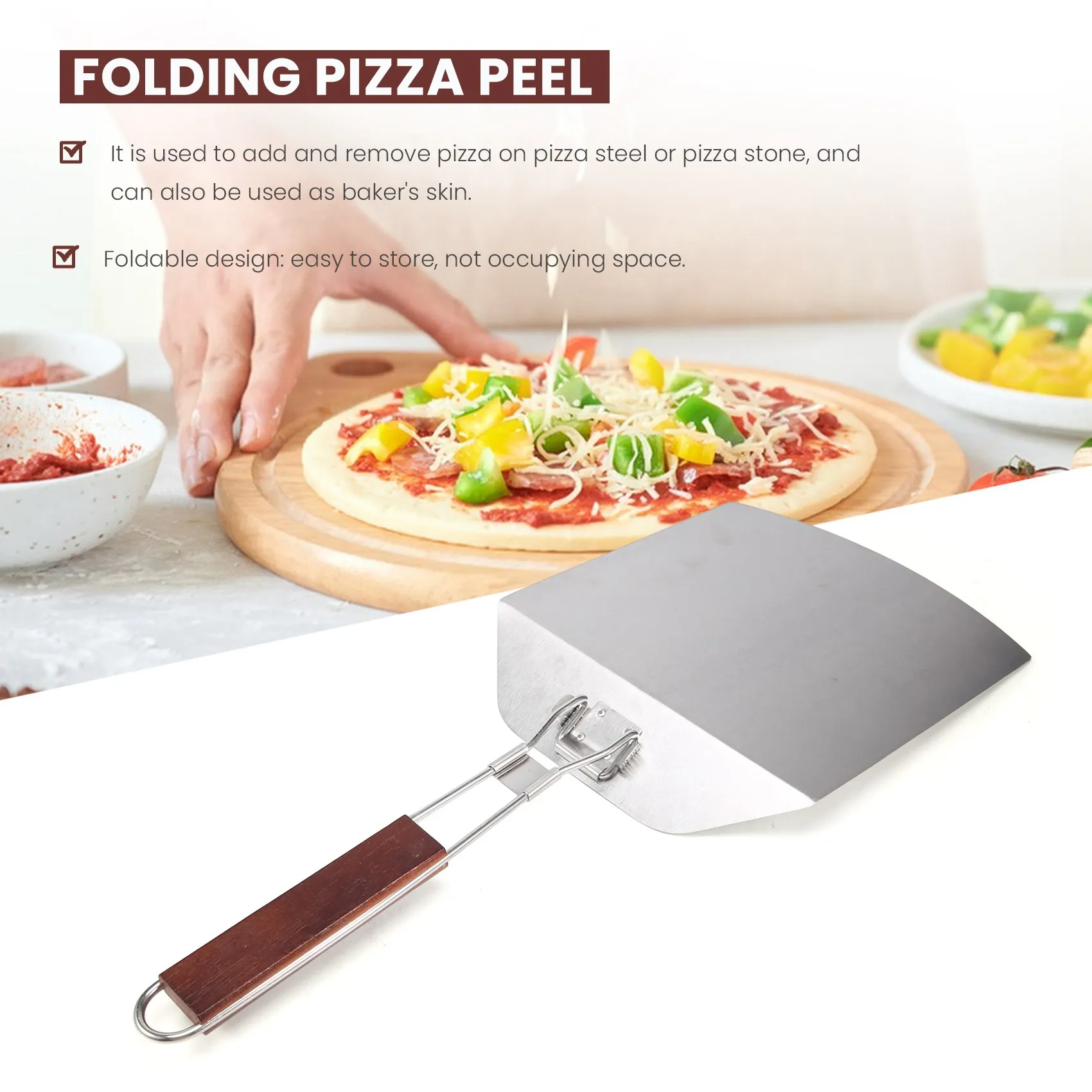 

【TODAY-ONLY!】Pizza Peel-Folding Stainless Steel Wood Handle Pizza Shovel Square Cake Spatula For Baking Pizza And Cake On Oven G