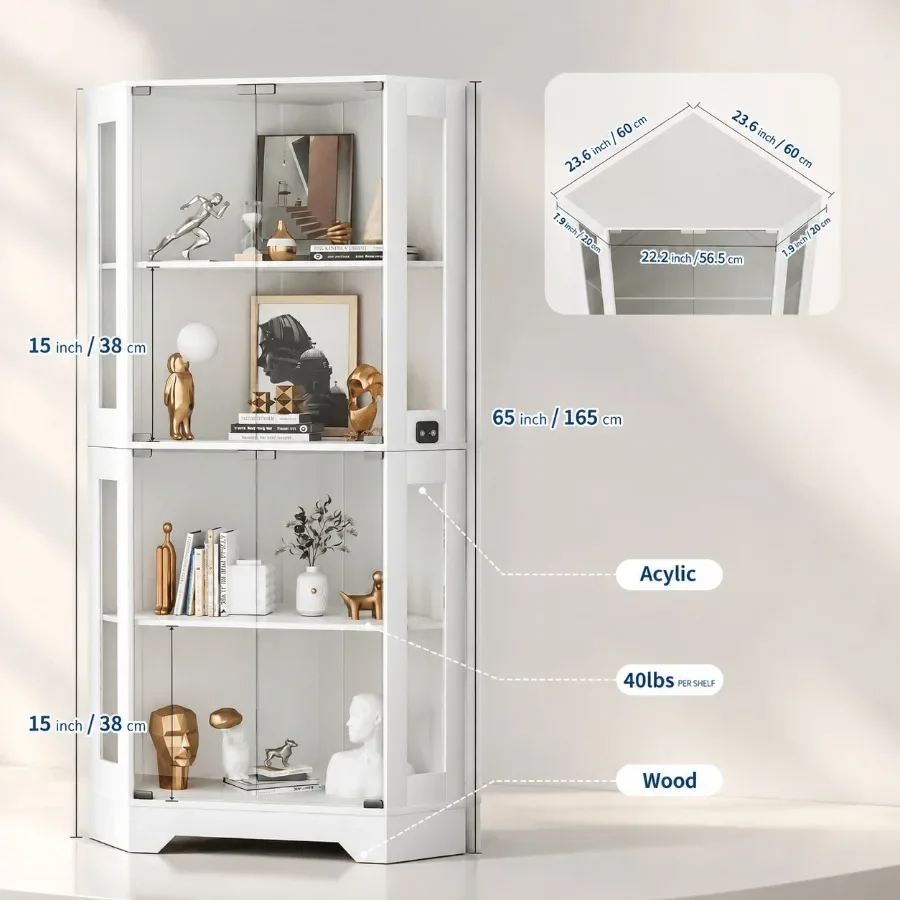 65 White Corner Collectible Curio Cabinet with Motion-Sensor 3-Color LED Light for Display and Storage view 2