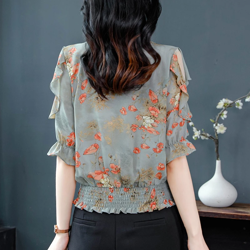 Summer 2024 Fashion Mesh splicing lady tops Elegant Half Sleeve Women blouse Ruffles Floral Printed Chiffon Shirt