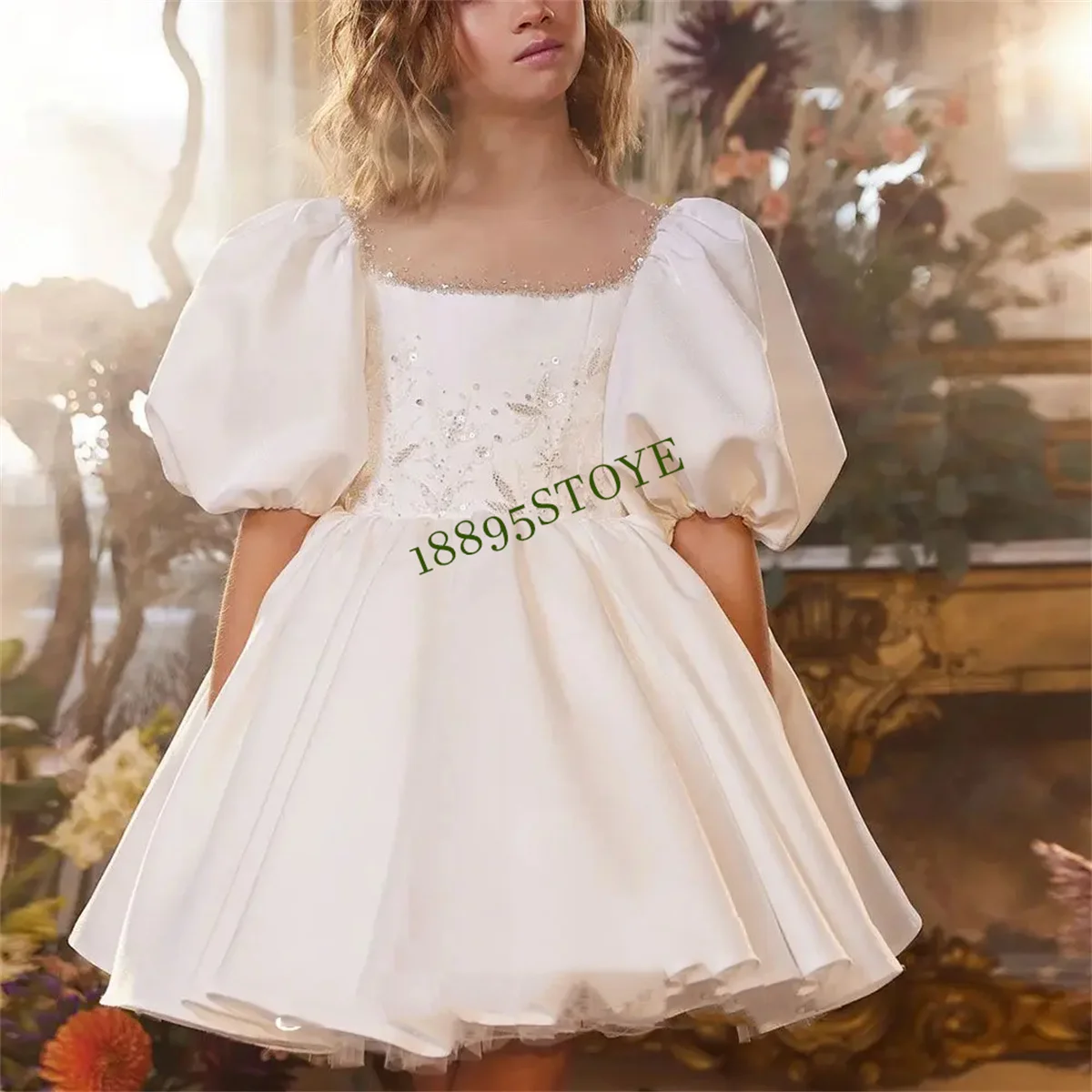 CustomizedElegant White Girl Dress Sequined Beading Princess Gown for Kids Wedding Birthday First Communion Party 2024