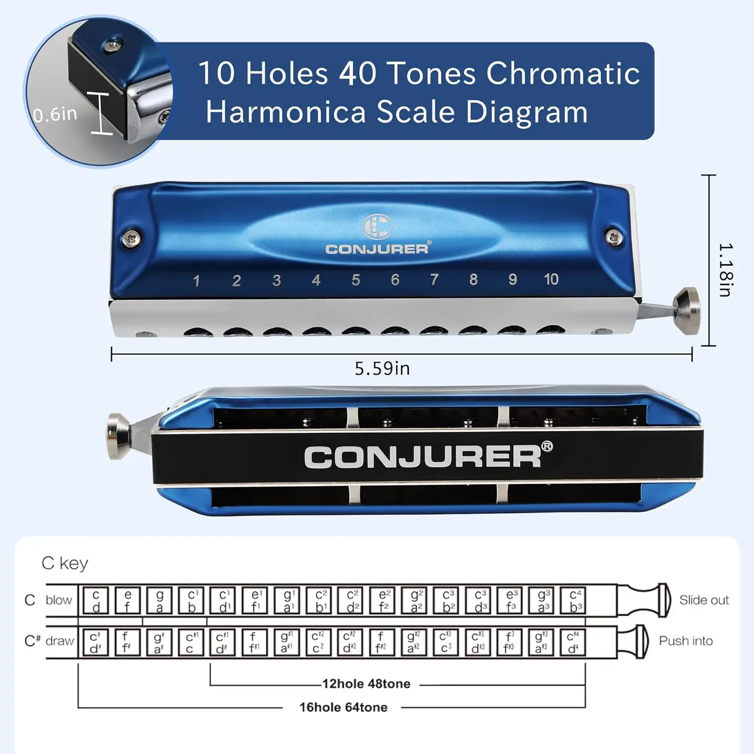 CONJURER harmonijka chromatyczna 10 dołków 40 ton harmonijka klucz C dla dzieci dorosłych początkujących